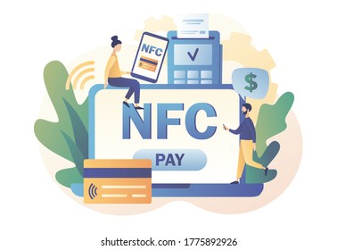 Tiny people use POS-terminal and payment systems. NFC payment. Financial transactions, terminal and credit card, online banking. Modern flat cartoon style. Vector illustration on white background