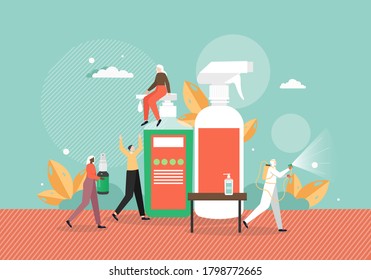 Tiny people using antibacterial soap, hand sanitizers, disinfectant fogger sprayer for fighting coronavirus, vector flat illustration. Cleaning, disinfection, washing hands for coronavirus prevention.
