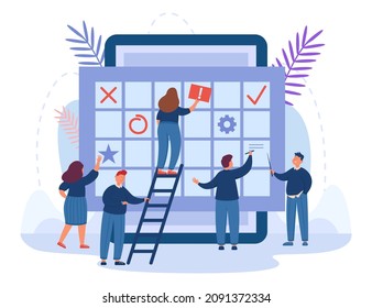 Tiny people using appointment calendar app for planning events. Male and female employees with online deadline reminder, planner schedule flat vector illustration. Time management, organizer concept