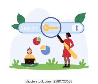 Tiny people using a magnifying glass and charts to search for information, illustrating data analysis, research, and discovery vector illustration.