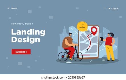 Tiny people using mobile app for navigation in city flat vector illustration. Cartoon characters watching map on phone application. Delivery service, journey and tracking technology concept