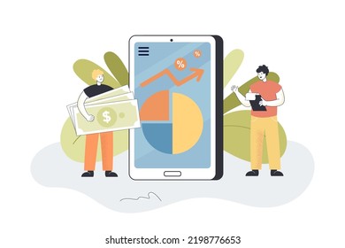 Tiny people using mobile app for business data analysis. Work of male characters with charts and graphs flat vector illustration. Optimization concept for banner, website design or landing web page