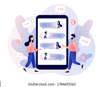 Tiny people using mobile smartphone for chatting. Mobile chat App. Online communication, social networking, messages, speech bubbles. Modern flat cartoon style. Vector illustration on white background