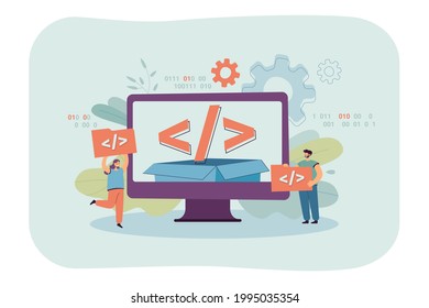 Tiny people using open source platform. Characters holding script elements, computer flat vector illustration. Software, programming, technology concept for banner, website design or landing web page