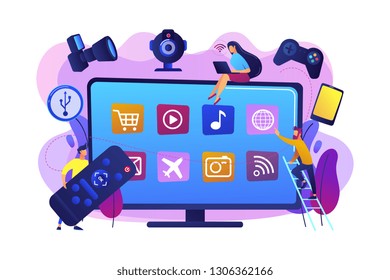 Tiny people using smart television connected to modern digital devices. Smart TV accessories, interractive TV entertainment, gaming TV tools concept. Bright vibrant violet vector isolated illustration