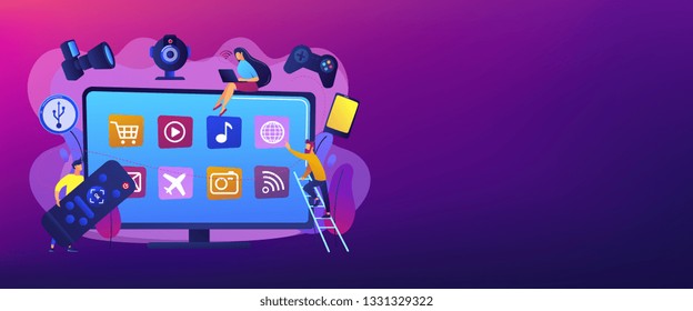 Tiny people using smart television connected to modern digital devices. Smart TV accessories, interractive TV entertainment, gaming TV tools concept. Header or footer banner template with copy space.