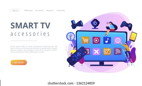 Tiny people using smart television connected to modern digital devices. Smart TV accessories, interractive TV entertainment, gaming TV tools concept. Website vibrant violet landing web page template.