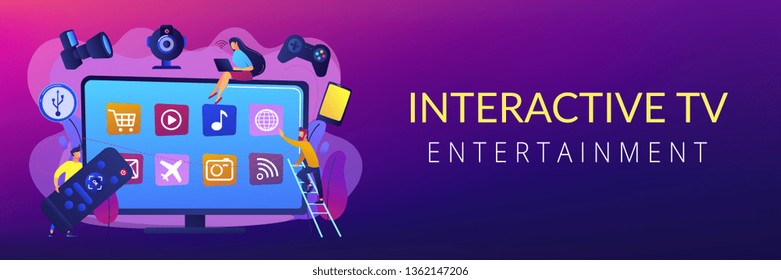 Tiny people using smart television connected to modern digital devices. Smart TV accessories, interractive TV entertainment, gaming TV tools concept. Header or footer banner template with copy space.