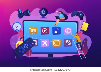 Tiny people using smart television connected to modern digital devices. Smart TV accessories, interractive TV entertainment, gaming TV tools concept. Bright vibrant violet vector isolated illustration