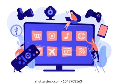 Tiny people using smart television connected to modern digital devices. Smart TV accessories, interractive TV entertainment, gaming TV tools concept. Pinkish coral bluevector isolated illustration