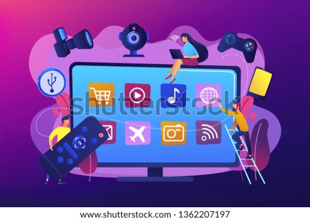 Vector Tiny people using smart television connected to modern digital devices. Smart TV accessories, interractive TV entertainment, gaming TV tools concept. Bright vibrant violet vector isolated illustration