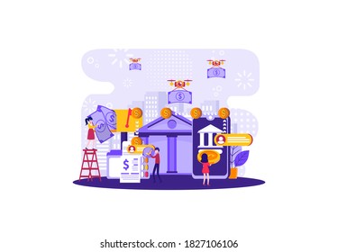 tiny people vector illustration, investment management, the company is engaged in the joint construction and the cultivation of cash profits, career growth to success, tiny color icons, business analy