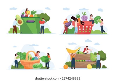 Tiny people vegetables and fruits harvest assembling to basket crate box set vector isometric illustration. Little man woman farmer fresh agricultural crop farm gardening organic natural production