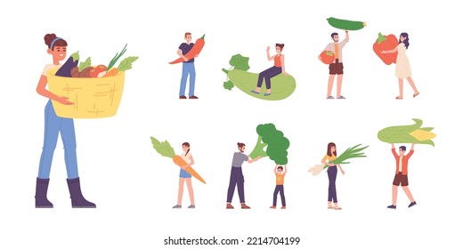 Tiny people with vegetables. Vegan life, vegetarian man woman hold healthy food eating products, vegetable diet farm organic nutrition concept garden plant set vector illustration of vegan food