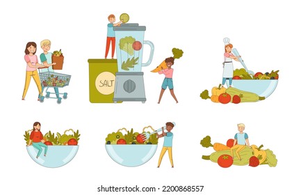 Tiny People Vegetarian Character Eating Veggie Making Salad in Bowl and Mixing Ingredients in Blender Vector Set