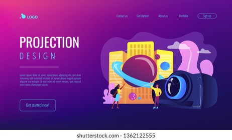 Tiny people video designers with camera and film creation and integration. Video design, projection design, scenic designer service concept. Website vibrant violet landing web page template.