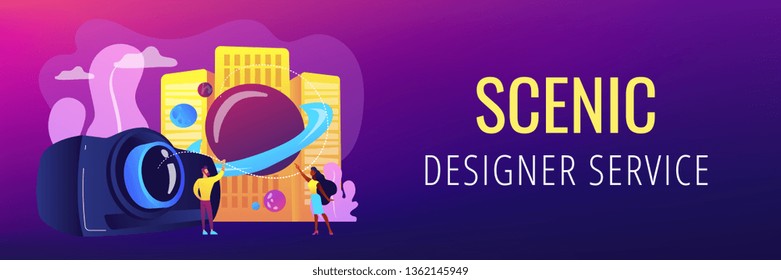 Tiny people video designers with camera and film creation and integration. Video design, projection design, scenic designer service concept. Header or footer banner template with copy space.