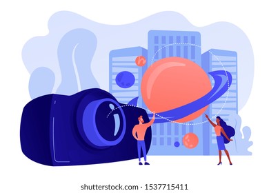 Tiny people video designers with camera and film creation and integration. Video design, projection design, scenic designer service concept. Pinkish coral bluevector isolated illustration