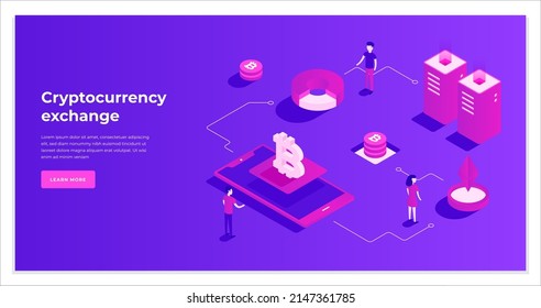 Tiny people at virtual bitcoin mining farm financial transaction neon landing page isometric vector illustration. Cryptocurrency exchange payment smart banking technology cyberspace market web banner