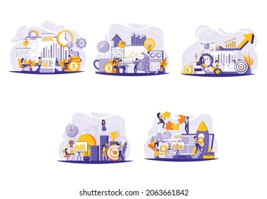 tiny people virtual office with business people working together and mobile devices: business management, online communication and finance concept. Vector illustration