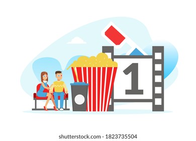 Tiny People Visiting Movie Theatre, Couple Wearing 3d Glasses Watching Movie with Huge Bucket of Popcorn and Soda Drink Cartoon Vector Illustration