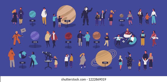 Tiny people visiting planetarium, looking at celestial bodies or space objects, planets of Solar system. Entertainment for kids and adults. Colorful vector illustration in modern flat cartoon style.