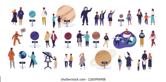 Tiny people visiting planetarium, looking at celestial bodies or space objects, planets of Solar system. Entertainment for kids and adults. Colorful vector illustration in modern flat cartoon style.