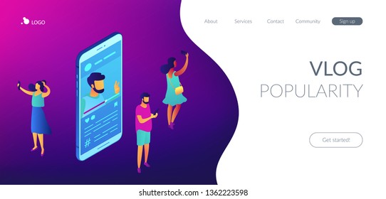 Tiny people vloggers recording video content for channel and blogger on big smartphone. Vlog, creating video content, video blogging concept. Isometric 3D website app landing web page template