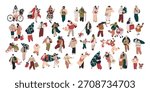 Tiny people walking outdoors on winter holiday. Christmas characters on street, men and women with gifts, shopping bags, Xmas trees, dogs, kids. Flat vector illustrations isolated on white background