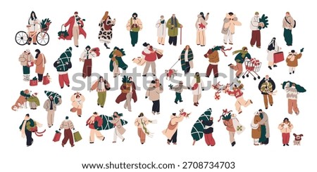 Tiny people walking outdoors on winter holiday. Christmas characters on street, men and women with gifts, shopping bags, Xmas trees, dogs, kids. Flat vector illustrations isolated on white background