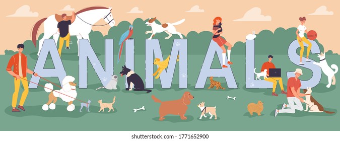 Tiny people walking pet performing outdoor activities on nature. Big letter animal. Man woman playing taking care dog, cat, horse, parrot, rabbit. Abstract owners friendship. Adoption community