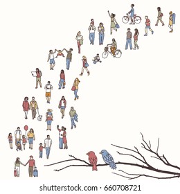 Tiny people walking in a queue, back to front, with tree branch and two birds in the foreground