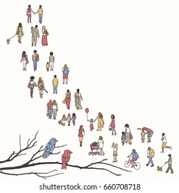 Tiny People Walking In A Queue, Front To Back, With Tree Branch And Two Birds In The Foreground