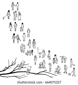 Tiny people walking in a queue, front to back, with tree branch and two birds in the foreground