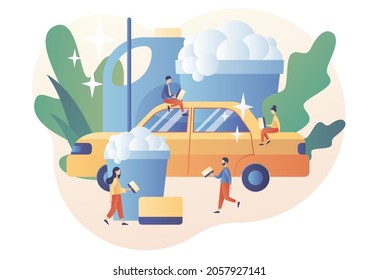 Tiny people washing automobile with water and foam. Car wash service. Transport is clean. Modern flat cartoon style. Vector illustration on white background