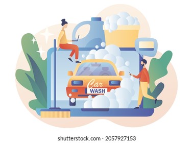 Tiny people washing automobile with water and foam. Car wash service web site. Transport is clean. Modern flat cartoon style. Vector illustration on white background