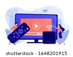 Tiny people watch video with remote control and television multimedia box. Smart TV box, smart tv console, make your TV smart concept. Pinkish coral bluevector isolated illustration