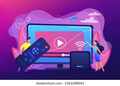 Tiny People Watch Video With Remote Control And Television Multimedia Box. Smart TV Box, Smart Tv Console, Make Your TV Smart Concept. Bright Vibrant Violet Vector Isolated Illustration