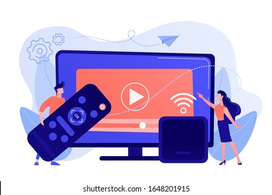 Tiny people watch video with remote control and television multimedia box. Smart TV box, smart tv console, make your TV smart concept. Pinkish coral bluevector isolated illustration