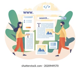Tiny people web designers building webpage. Web design concept. Website interface design. Software development process. SEO. Modern flat cartoon style. Vector illustration on white background