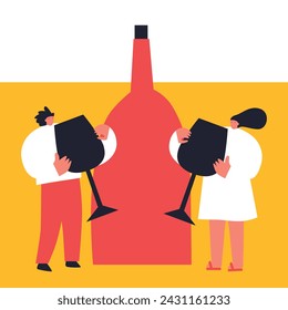 Tiny people with wine. Flat style. Funny colored typography poster. Vector