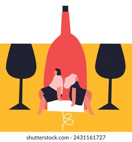 Tiny people with wine. Flat style. Funny colored typography poster. Vector