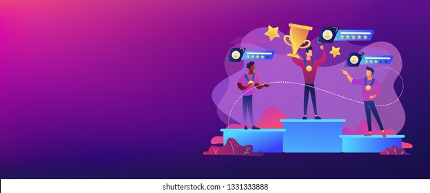 Tiny people winners sportsmen on podium with rating stars. Sports rating system, team player rating, competitive strength metrics concept. Header or footer banner template with copy space.