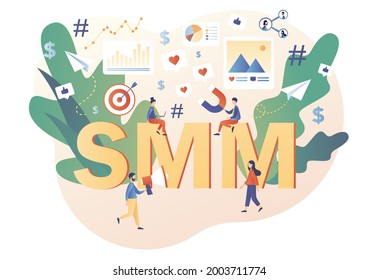 Kleine Leute arbeiten als Social-Media-Manager. SMM - großer Text. Digitales Marketing, Online-Werbung. SMM-Kurs oder Schule. Moderner, flacher Cartoon-Stil. Vektorgrafik auf weißem Hintergrund