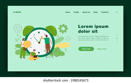 Pequeñas personas trabajando con reloj despertador aislado de ilustración vectorial plana. Empresarios de caricaturas trabajando en equipo con cronómetro. Administración del tiempo, cuenta regresiva y concepto de negocio
