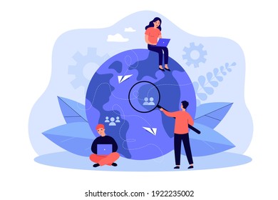 Tiny People Working From Different Countries Isolated Flat Vector Illustration. Cartoon Idea Of Teamwork, Investment And Tech Business Process. Outsourcing And Recruitment Concept