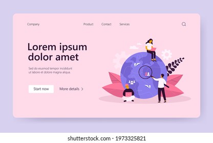 Tiny people working from different countries isolated flat vector illustration. Cartoon idea of teamwork, investment and tech business process. Outsourcing and recruitment concept