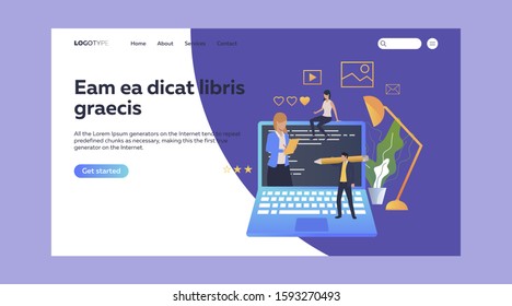 Tiny people working on giant laptop. Working, copywrite, marketing flat vector illustration. Office environment and work process concept for banner, website design or landing web page