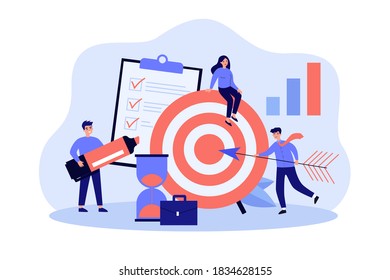 Tiny people working in team for target or goal isolated flat vector illustration. Cartoon employees training self discipline for productive work. Time management and development concept