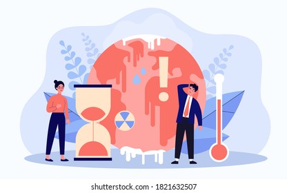 Tiny people worrying about ice melting on planet flat vector illustration. Hot climate change with temperature rising and greenhouse effect anomaly. Disaster and weather cataclysm concept